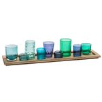 Creative Co-Op Wood Tray with 9 Blue & Green Glass Votive Holders