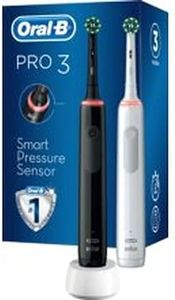 Oral-B Pro 3 3900 Electric Toothbrush/Electric Toothbrush, Twin Pack & 3 Replacement Brushes, with 3 Cleaning Modes and Visual 360° Pressure Control for Dental Care, Gift Man/Women, White/Black