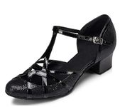 Minitoo qj6133 Women’s Closed Toe High Heeled T-Strap Glittery Dance Shoes in PU Leather. For Salsa, Tango, Ballroom, Latin Dance. Black Size: 3.5 UK