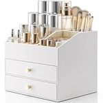 Vlando Makeup Organiser, Makeup Storage with 2 Drawer, Dressing Table Organiser for Lipstick, Jewellery & Skincare Storage, Pure White