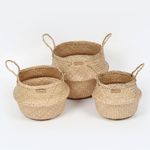 Habere India-All the Cultures Fabricating India Wicker Basket For Plants | Wicker & Seagrass Basket Home Décor | Bamboo Basket | Seagrass Belly Basket - Round, Beige (Set of 3 - S, M, L)