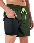 AGOBUHE Mens Swim Trunks Swim Shorts with Compression Liner Quick Dry 7 inch Beach Shorts with Mesh Lining Pockets Army Green