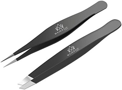Majestic Bombay Fine Point + Slant Tweezers Splinter, Ticks, Facial or Chin Hair, Brow and Ingrown Hair Removal Set Sharp, Needle Nose, Stainless Steel (Black)