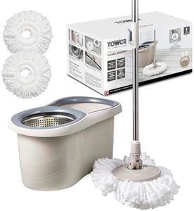 Tower T869001MSH Classic Spin Mop with Stainless Steel Wringer and Collapsible Handle, Latte