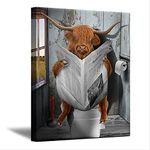 ZHONGYUTONG Funny Toilet Wall Art Highland Cattle Cows are Reading Newspapers in the Toilet Posters Abstract Painting Modern Bathroom Artwork Framed Prints (12"x18" Frame, Bathroom Wall Decor-4)