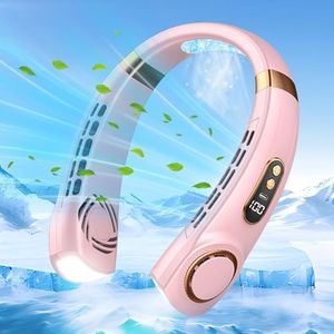 Xkimos Portable Neck Fan - Rechargeable Hands-Free Bladeless Fan with 5 Adjustable Speeds & LED Light, Wearable Personal Fan for Cooling on the Go, Lightweight and USB Powered (Pink)
