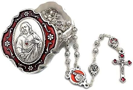 Catholic Rosary Beads with Metal Keepsake Gift Box Set (Sacred Heart of Jesus Red)