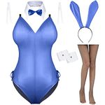 Womens Bunny Girl Senpai Cosplay Anime Role Costume One Piece Bodysuit Removable Padded with stockings set(Blue M)