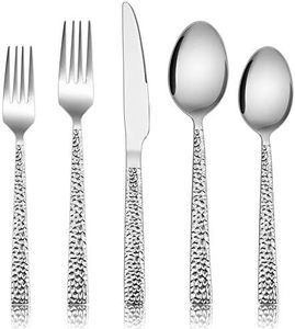 E-far Hammered Silverware Set, 40-Piece Stainless Steel Square Flatware Set for 8, Metal Tableware Cutlery Set Includes Dinner Knives/Forks/Spoons, Modern Design & Mirror Polished - Dishwasher Safe