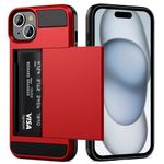 Vofolen Case Compatible with iPhone 15 with Card Holder, Dual Layer Wallet Phone Case, Hidden Card Slot Sliding Shockproof Protective Hard Shell Back Cover Slim Case for iPhone 15, 6.1 Inch Red