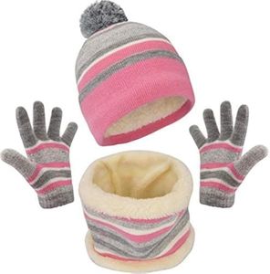 Girls Winter Hat Scarf and Glove Set for 3-7 Years Old Toddler Daughter Soft Fleece Lined Pom Beanie with Gloves Pink Strip