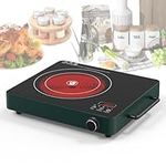 Electric Cooktop Single Burner, GIHETKUT 1800W 110V Electric Stove Top with Knob Control, Portable Induction Cooktop with 2 Handle, Hot plate with Double Ring Heating, 4 hours Timer (Green)