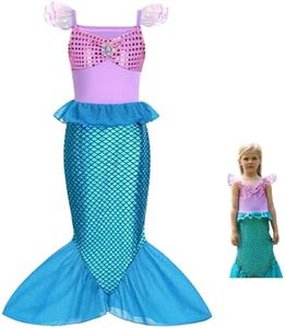 Disfraz Sirenita Niña Disfraz Sirena Niña Disfraz de Sirena Niña Vestido de Princesa Sirena Fiesta de Cumpleaños Carnaval Halloween Cosplay Set con Peluca, Diadema Luminosa y Varita Mágica (130).