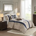 Madison Park Comforter Faux Silk-Traditional Luxurious Jacquard Design All Season Set, Matching Bed Skirt, Decorative Pillows, Queen(90"x90"), Navy 7 Piece