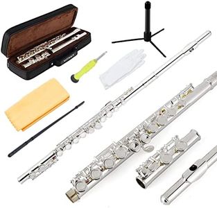 EastRock Flute Silver Closed Hole C,16 Key Flute Musical Instrument with Carrying Case, Stand, Gloves, Cleaning Cloth and Rod for Beginner,Kids, Student(Sliver)