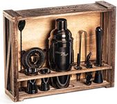 Mixology Bartender Kit: 11-Piece Bar Tool Set with Rustic Wood Stand | Perfect Home Bartending Kit and Cocktail Shaker Set for an Awesome Drink Mixing Experience (Gun-Metal Black)