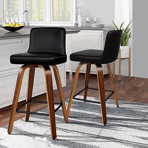 ALFORDSON Bar Stools 2X Swivel Wooden Kitchen Stool 65cm Seat Height Leather Counter Stool with Back Footrest and Adjustable Leg Levelers Home Dining Chair in Black