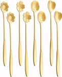 16 Pieces Stainless Steel Flower Coffee Spoon Dessert Spoon Sugar Spoon Ice Cream Spoon Stirring Spoon Tea Spoon Milkshake Spoon Set for Tableware Kitchen, Cafe or Bar (Gold) (16)