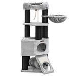 FEANDREA Cat Tree, Large Cat Tower with Fluffy Plush Perch, Cat Condo with Basket Lounger and Cuddle Cave, Extra Thick Posts Completely Wrapped in Black Sisal, Stable, Comfortable, Light Grey PCT02W