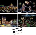 ShipeeKin 4 x Scratch Pictures, 290 x 210 mm, Landmarks Wall Picture, Coated Colourful Scratch Paper with Tool Set (Beauty City)