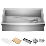 Kraus KWF210-36 Kore Workstation 16 Gauge Farmhouse Single Bowl Stainless Steel Kitchen Sink with Integrated Ledge and Accessories (Pack of 5), 36 Inch Rounded Apron Front