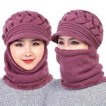 V3E Girl's Winter Warm Knit Hat Wool Snow Ski Visor Neckwarmer Cap (Purple,Free Size)