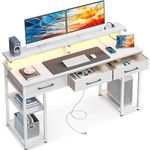 ODK Computer Desk with Fabric Drawers and Power Outlet, 55 Inch White Office Desk with Storage Shelves, Writing Desk with LED Lights and Monitor Stand, Work Study Desk for Home Office