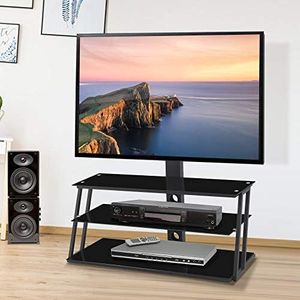 3 Tier Multi-function Swivel Floor TV Stand, Height Adjustable Bracket Entertainment Stand for 32 to 65 Flat or Curved Screen Multi-Function TV Stand, BlackTempered Glass Television Stands