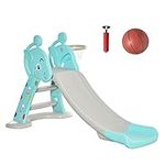 HOMCOM 2 in 1 Kids Slide with Basketball Hoop Toddler Freestanding Slider Playset for Indoor/Outdoor Use Slipping Climber Playground Equipment Set Exercise Toy 18 months -4 Years Old Deer Shaped Blue