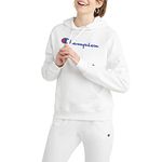 Champion Women's Hoodie, Powerblend, Fleece Hoodie, Sweatshirt for Women, Script (Reg. or Plus), White Script, X-Large