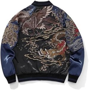 Sukajack Dragon Phoenix Embroidered Satin Bomber Jacket Unisex Vintage Japanese Streetwear Spring Fall Casual Windbreaker Coat Blue