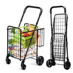 IRONMAX Grocery Shopping Cart, Foldable Heavy Duty Utility Cart w/Adjustable Handle, Extra Basket & 360° Rolling Swivel Wheels, Lightweight Trolley Cart for Grocery Laundry Luggage (Black)