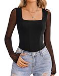 Avidlove Women's Long Sleeve Bodysuits Square Neck One Piece Body Suit Mesh Leotard Tops Double Lined Soft (Black, L)