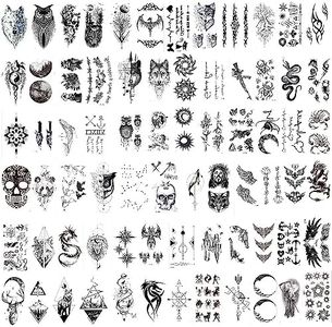 Jindizi Temporary Tattoos, 72 Sheets Fake Tattoos Stickers, Fake Body Arm Chest Shoulder Tattoos Sticker, Halloween Tattoos Include Black Scary Wolf Lion Tiger Skeleton Skull Tattoos for Adult Men Women (Black)