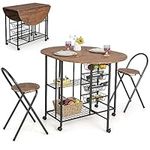 COSTWAY 3 Piece Folding Dining Table Set, Drop Leaf Table and Chairs with 2 Storage Shelves, 4 Pull-out Baskets and 6 Wheels, Metal Frame Bar Table Set for Kitchen Dining Room (Brown)