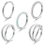 SAILIMUE 5Pcs 18G Surgical Steel Nose Rings Hoops for Women Men Clicker Septum Hinged Segment Lip Nose Rings Helix Cartilage Conch Rook Earrings CZ Opal Body Piercing Jewelry 8mm