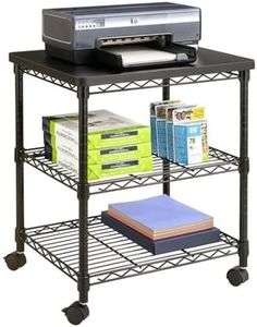 Safco Desk Side Wire Machine Stand with Wheels, 3 Tier, 200 lbs Capacity, Black Steel Frame & Multifunctional Utility Shelves. Perfect for Home, Office, Classroom & Garage