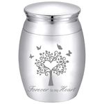 CREATCABIN Small Keepsake Urn Mini Cremation Urns Tree of Life Butterfly Ashes Holder Miniature Burial Funeral Container Jar Engraving Stainless Steel for Human Pet Memorial Silver 1.57x1.18Inch