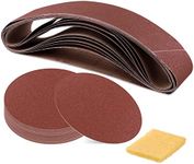 Glarks 23Pcs Sanding Belts and Sanding Discs Set Including 10Pcs 4 x 36 Inch 80/120/150/240/400 Grits Sanding Belts and 12Pcs 80/100/120/180/ 240/400 Grits Self Adhesive No-hole Sticky Sanding Discs