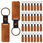 NQEUEPN Wooden Keychain Blanks, 30pcs Unfinished Key Chain Ring with Leather Strip, DIY Crafts Gifts, Brown
