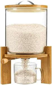 Vuinop Rice Dispenser, Rice Storage Container：Flour and Cereal Container with Airtight Lid and Wooden Stand, Glass Food Storge Container for Kitchen Organization and Pantry Store (5L)