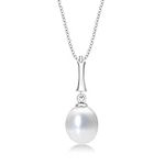 Classic Design Genuine Pearl Necklace with 8-8.5mm White Real Freshwater Pearl Drop Pendant. Single Pearl Necklace with Pearl Drop Pendant in Luxurious 9K White Gold with 20 inch Gold Chain.