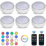 Bawoo Under Cabinet Lights, RGBW Wireless LED Puck Lights Remote Control,3500/4500/6000K Dimmable Battery Powered Atmosphere Night Light for Kitchen Wardrobe Cupboard Color Changing,6 Pack (White)