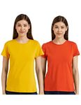 Amazon Brand - Symbol Women's Solid Regular Fit Half Sleeve T-Shirt (RN-PO2-COMBO30_Mustard & Burnt Orange_S) (Combo Pack of 2)