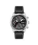 BOSS Men's 44mm Chronograph Quartz Watch Pilot Edition Chrono with Black Dial, Black Leather Strap, Date Fuction, 3 Sub-Dials, 5ATM Water Resistance - 1513853