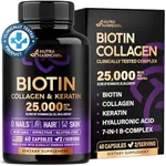 Biotin | Collagen | Keratin - Clinically Tested Supplement - Hair Growth Support - Skin & Nails Complex 25000 mcg - Hyaluronic Acid | B2 | B3 | B6 | B7 - Made in USA - For Women & Men | 60 Capsules