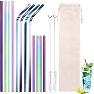 Pack of 12 Reusable Drinking Straws, Stainless Steel, Colourful Stainless Steel Straws, Metal Straws, BPA Free, Stainless Steel Straw with 2 Cleaning Brushes, for Juice, Cocktails, Drinks
