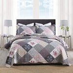 Qucover Quilted Bedspreads King Size Lightweight Microfiber Patchwork Floral Bedspread, Quilted Throws King Size with Pillowcases for All Season, 230x250 cm