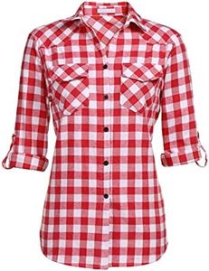 UNibelle Chemise à carreaux à manches longues pour femme - Chemisier traditionnel Oktoberfest - Chemisier à carreaux - Veste en coton - Chemisier en bois - Chemisier décontracté - Col en V, Rouge