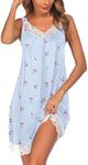 Ekouaer Women's Nightgown V-neck Chemise Sleepwear Lace Nightwear Soft Lingerie for Women,Light Blue Cherry Print,XX-Large